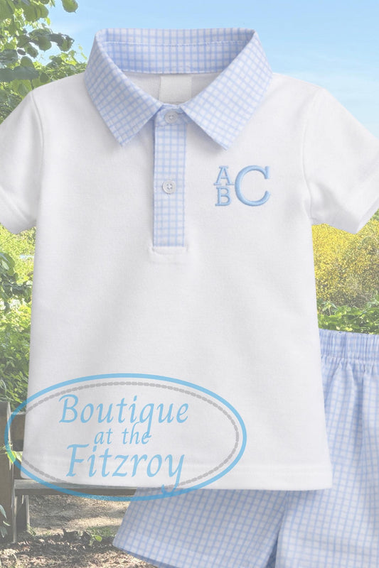 Classic Boys Blue Gingham Short Set | Custom Monogram or Mallard with Initial